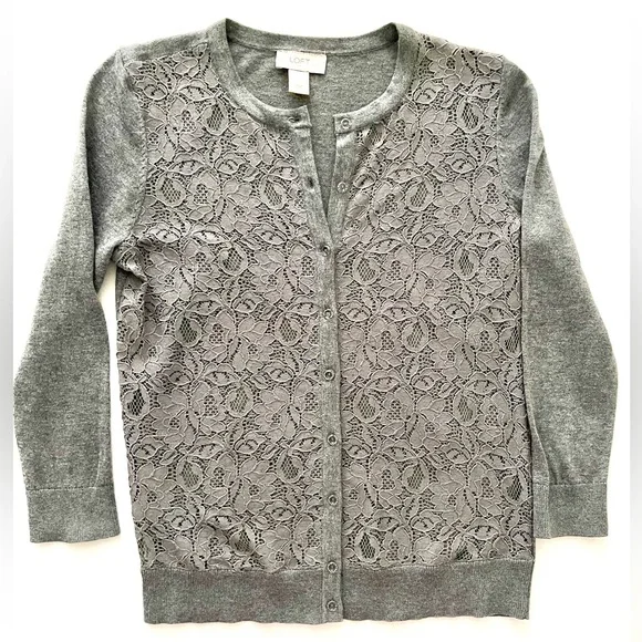 LOFT Gray Lace Cotton/Nylon Stretch Women's Light Sweater - Picture 11 of 15